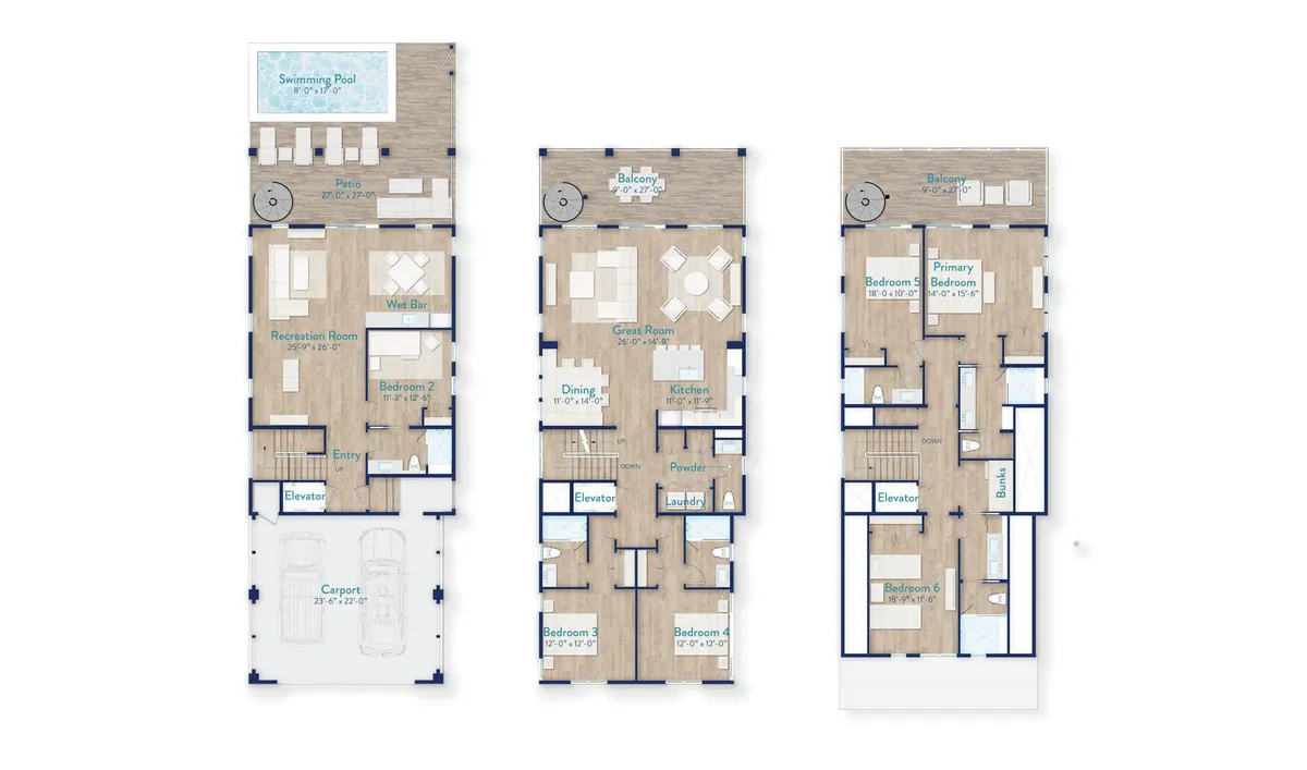 A broad interior view that incorporates the swimming pool, great room, dining room, and primary bedroom in a spacious, cohesive layout. The space evokes a sense of easy transition between leisure and social areas, with sunlight streaming through large windows.